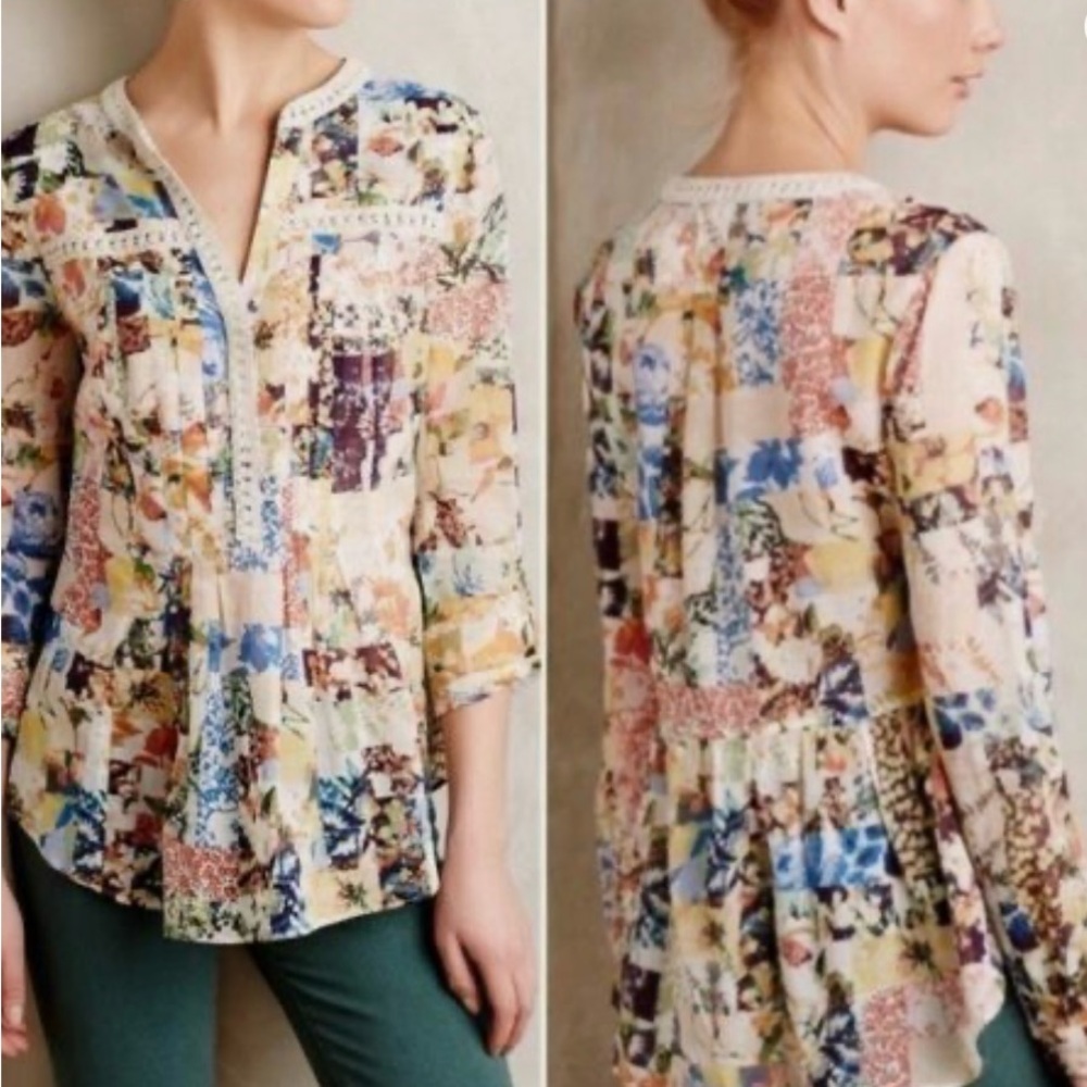 Anthropologie  Maeve Abella Colorful Patchwork pintuck  Blouse